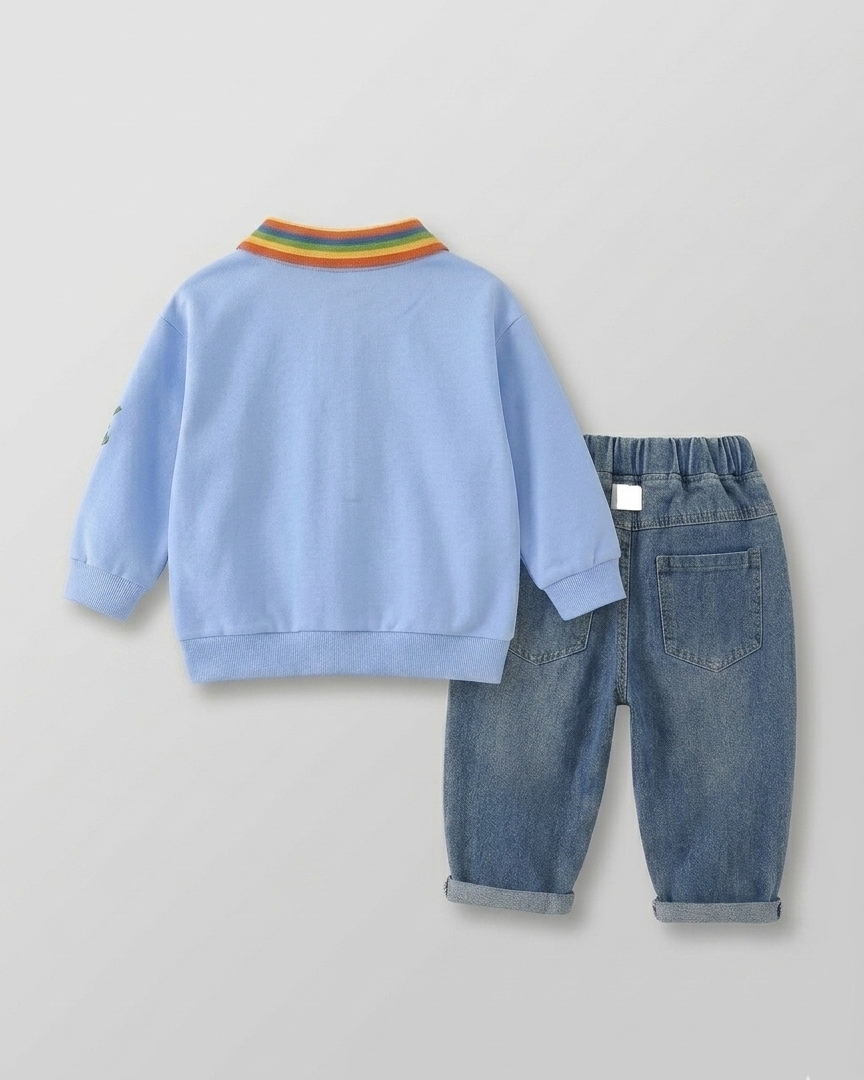 Conjunto niño verano camiseta dinosaurio y jeans con parches ideal para primavera outfit niño 