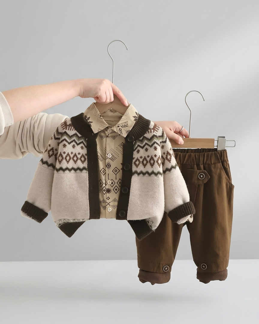 Conjunto niño 3 piezas invierno (suéter lana, camisa cuadros y pantalón elástico)Ideal para clima otoñal  en España