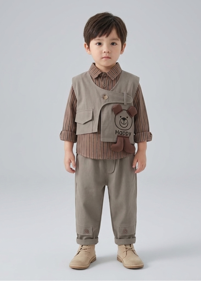 Conjunto bebé 3 piezas algodón con chaleco y osito desmontable, Ideal para primavera en España