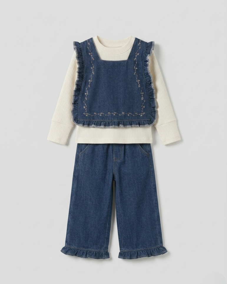 Conjunto niña 3 piezas ropa niña: blusa, chaleco vaquero de mezclilla y pantalón cómodo,Ideal para clima otoñal  en España