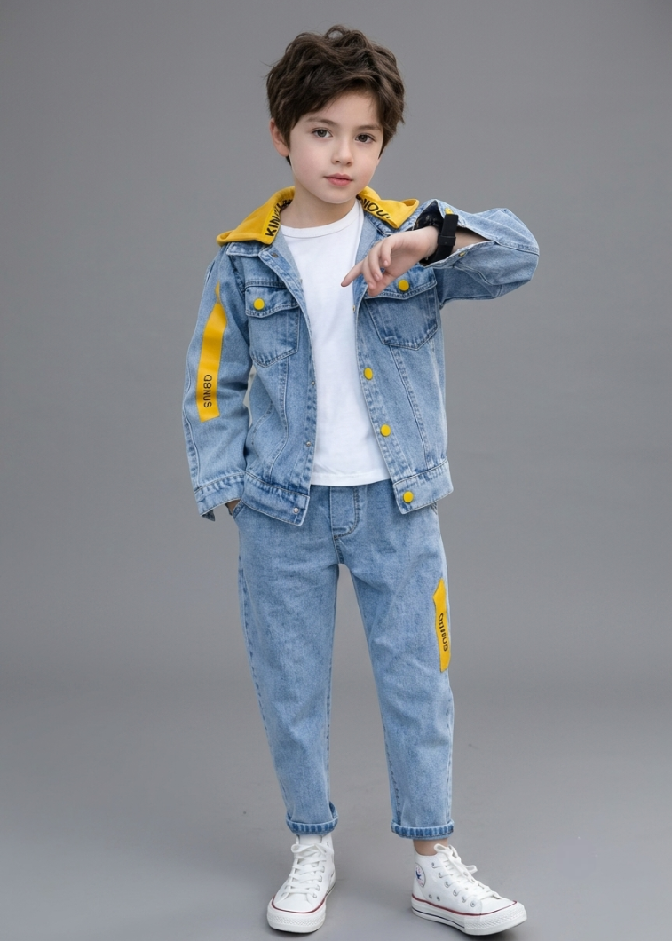 Conjunto vaquero niño 3 piezas: chaqueta vaquera, sudadera con capucha y pantalón vaquero, ropa niño streetwear en España