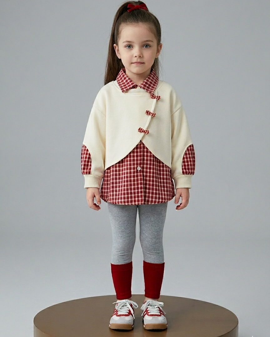 Conjunto niña 3 piezas ropa bebé niña elegante cuadros rojos y suéter crema con leggings de algodón en España