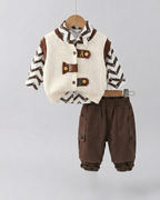 Conjunto bebé 3 piezas invierno chaleco lana camisa estampada y pantalón cómodo detalle chaleco