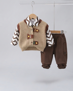 Conjunto bebé 3 piezas invierno chaleco lana camisa estampada y pantalón cómodo vista completa