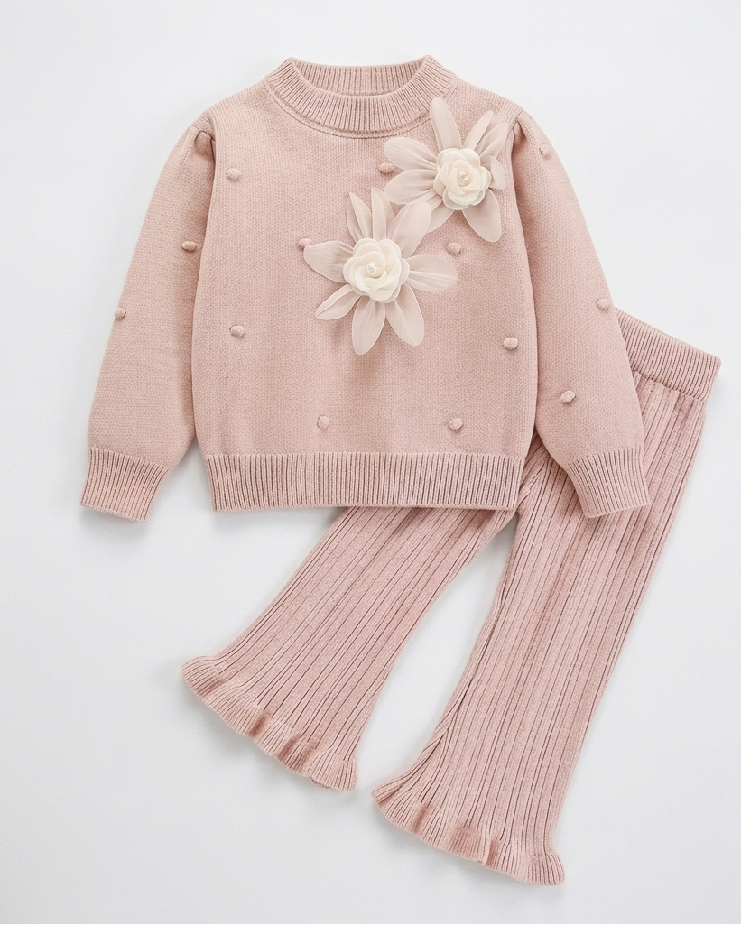 Conjunto niña invierno 2 piezas ropa niña: blusa tejida con flores y pantalón tejido acanalado en España