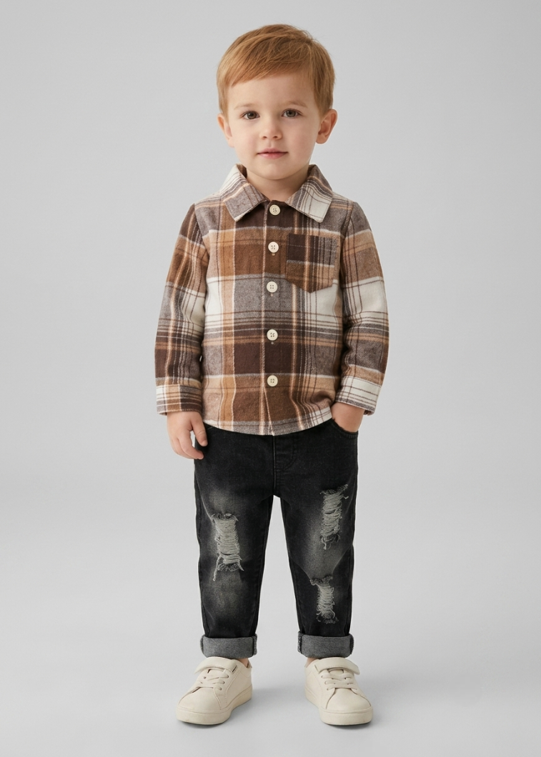 Conjunto niño 2 piezas camisa de cuadros y pantalón vaquero cómodo ropa infantil otoño invierno en España