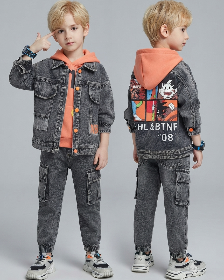 Conjunto Vaquero Niño 3 Piezas ,Chaqueta, Camiseta y Pantalón Cargo