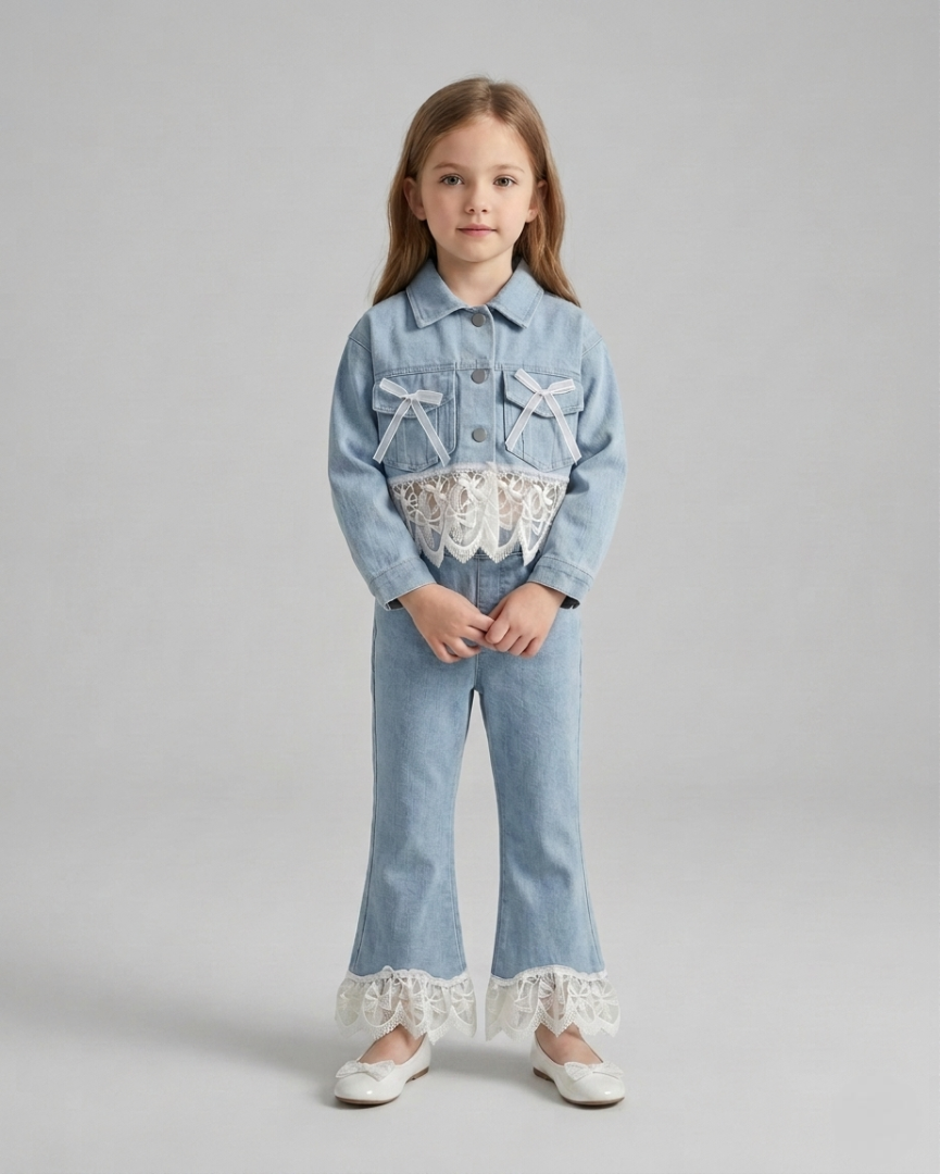 Conjunto niña 2 piezas vaquero chaqueta denim con encaje y pantalón vaquero Ideal para clima otoñal en España