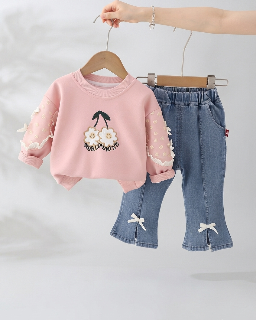 Conjunto Infantil para Niña con Sudadera Bordada y Pantalón Vaquero Moda Cómoda y Elegante