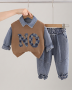 Conjunto Infantil de 3 Piezas para Niño  Camisa Denim, Chaleco de Punto y Pantalón Vaquero