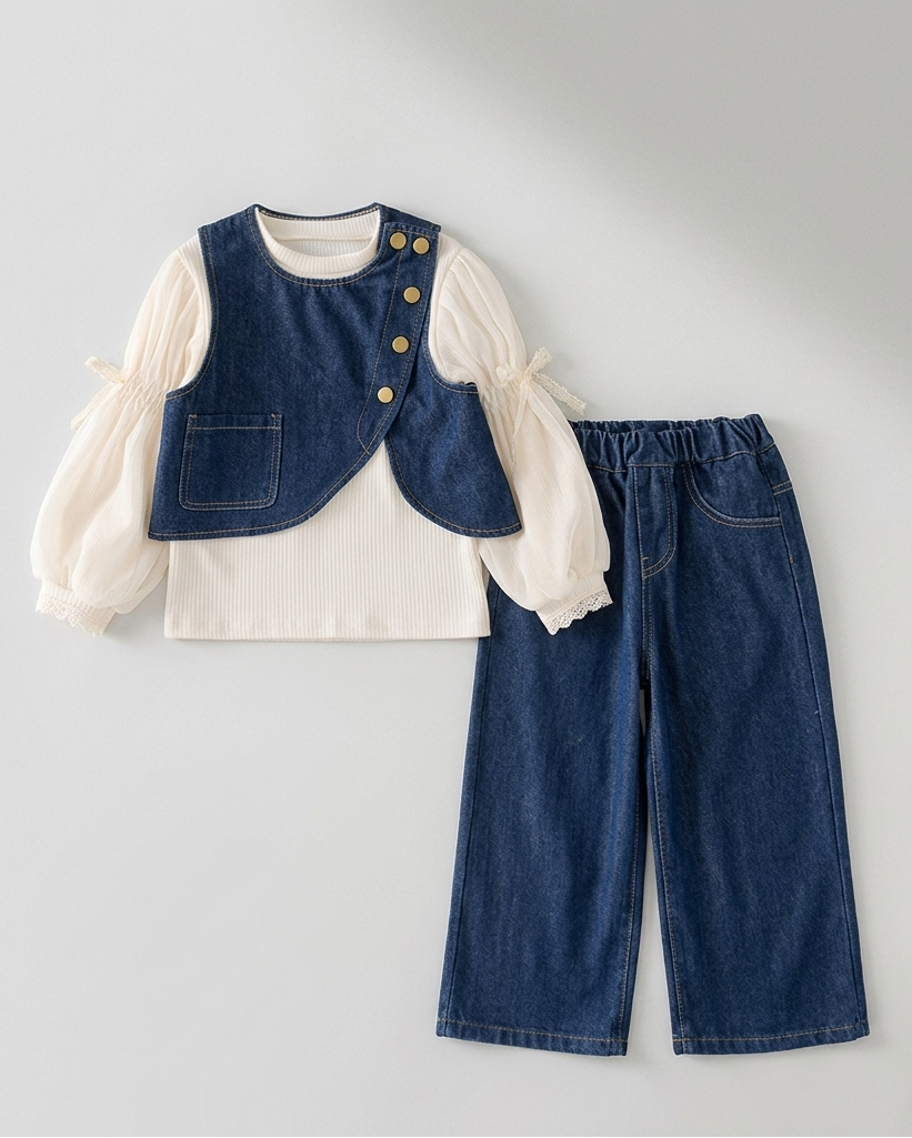 Conjunto niña 3 piezas denim vaquero (blusa, chaleco y pantalón) ,destacada para looks elegantes y sencillosen España