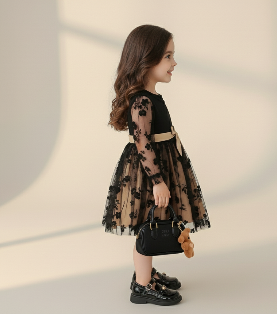 Vestido negro real acompañado de zapatos a juego y bolso