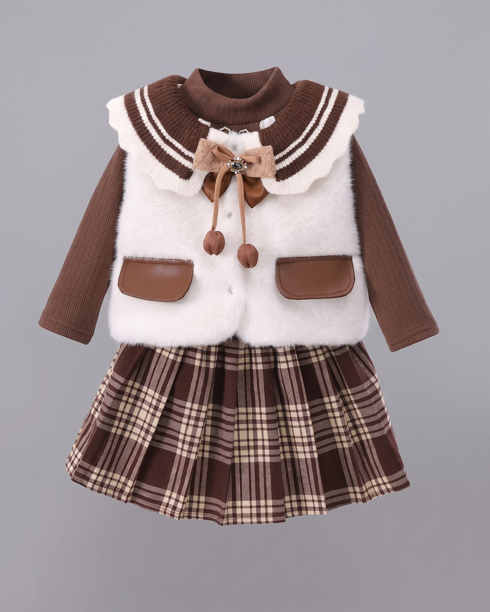 Conjunto niña 3 piezas elegante ropa bebé niña con chaleco de lana y falda de cuadros,Ideal para clima otoñal  en España