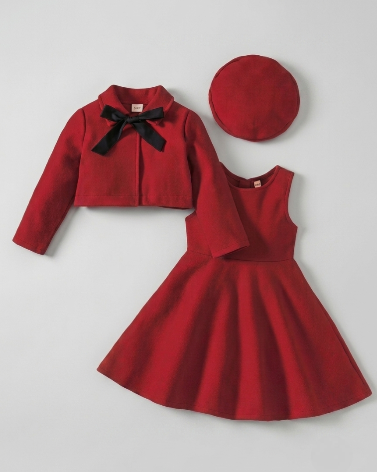 Conjunto niña 3 piezas ropa niña elegante vestido chaqueta y gorro rojo burdeos,Ideal para primavera  en España