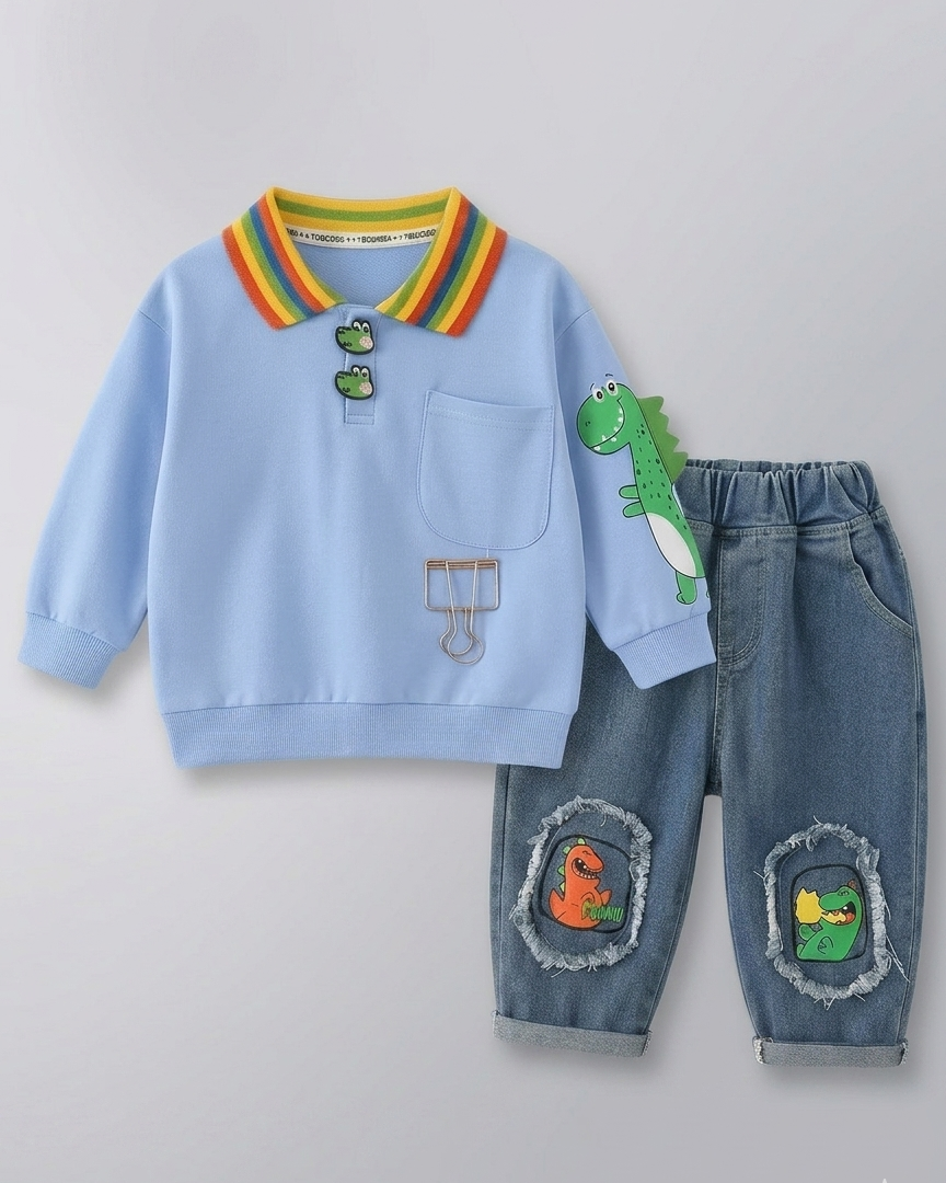 Conjunto niño verano camiseta dinosaurio y jeans con parches ideal para primavera vista completa