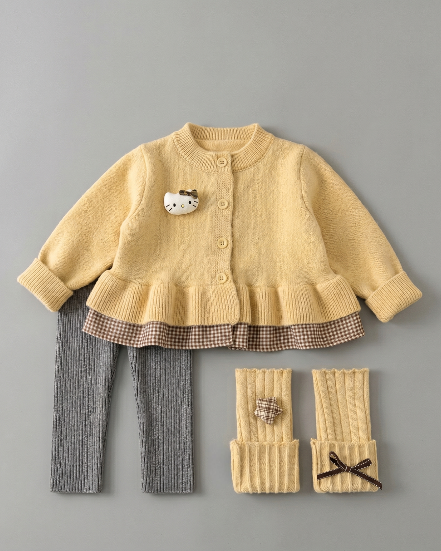 Conjunto niña invierno 2 piezas cárdigan de punto y falda estampada ,destacada para looks elegantes y sencillos en España