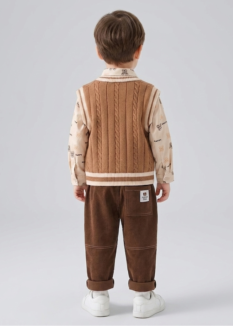 Conjunto niño invierno 3 piezas camisa chaleco de lana y pantalón cómodo vista trasera