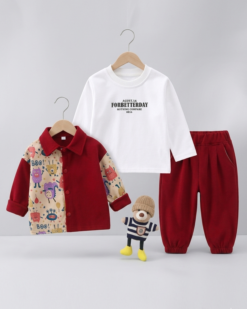 Conjunto bebé 3 piezas ropa infantil con chaqueta estampada de dibujos animados, camiseta de algodón y pantalón cálido en Españ