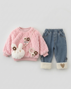 Conjunto niña invierno 2 piezas sudadera felpa y pantalón vaquero acolchado,Ideal para clima otoñal y principios de invierno en España
