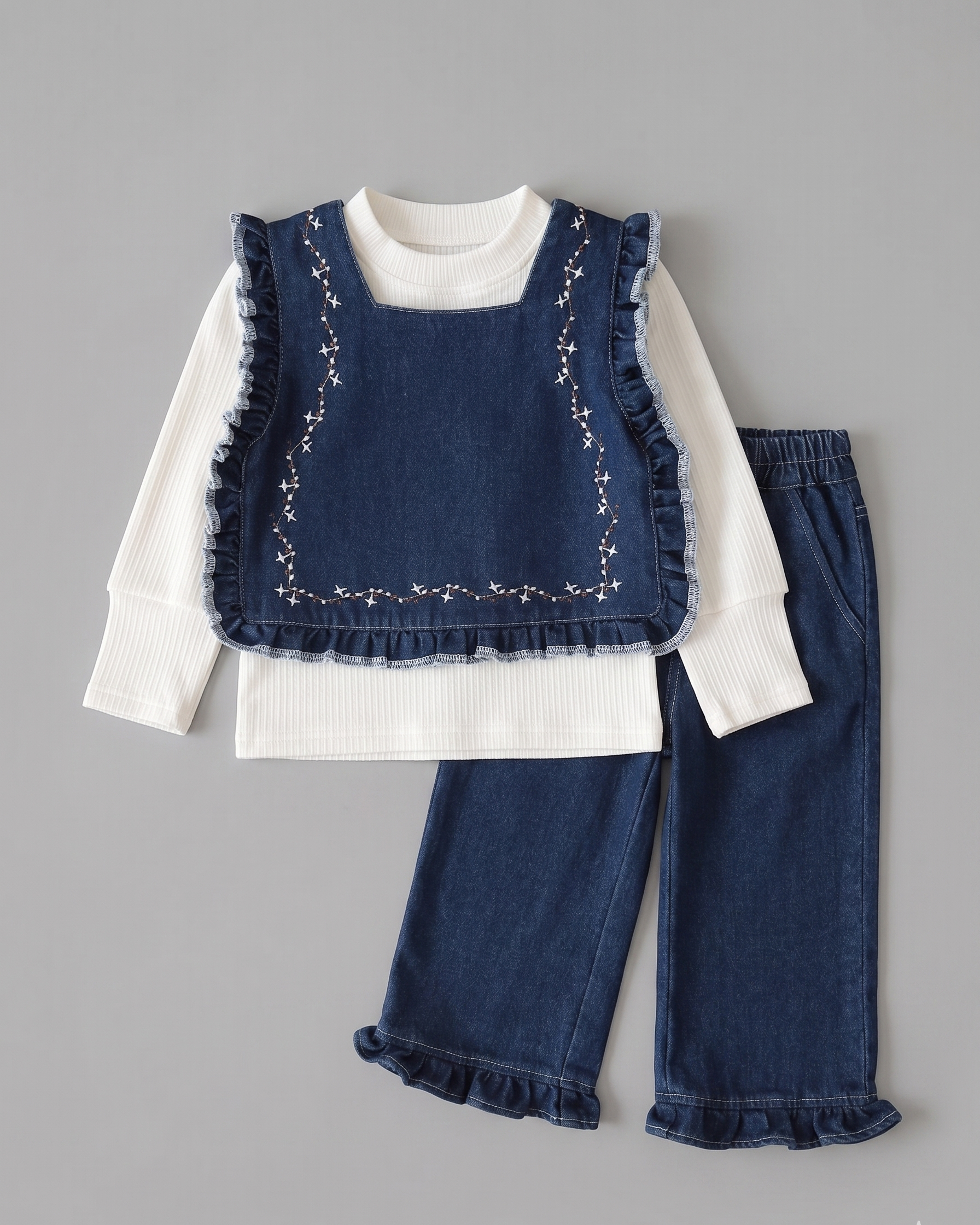 Conjunto niña 3 piezas ropa niña: blusa, chaleco vaquero de mezclilla y pantalón cómodo,Ideal para clima otoñal  en España