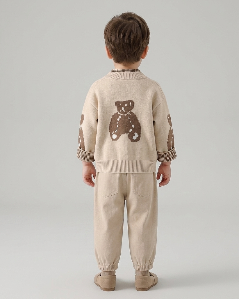 Conjunto bebé 3 piezas ropa bebé niño con cárdigan de oso camisa de cuadros y pantalón beige en España