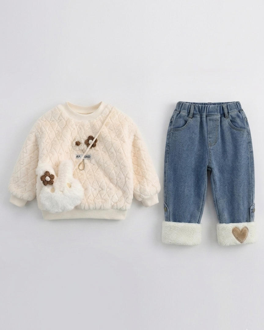 Conjunto niña invierno 2 piezas sudadera felpa y pantalón vaquero acolchado,Ideal para clima otoñal y principios de invierno en España