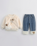 Conjunto niña invierno 2 piezas sudadera felpa y pantalón vaquero acolchado,Ideal para clima otoñal y principios de invierno en España