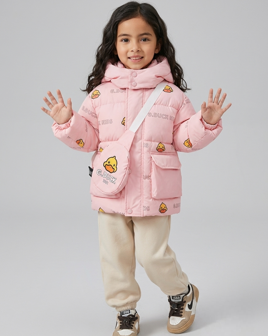 Chaqueta infantil de invierno con capucha y estampado de patitos acolchada con bolsita a juego en España.
