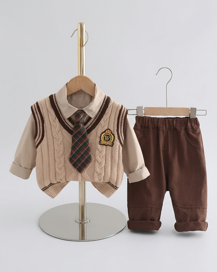 Conjunto niño elegante 3 piezas: chaleco de lana, camisa de manga larga y pantalón cómodo,Ideal para primavera y para clima otoñal  en España