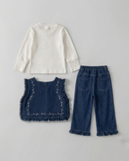 Conjunto niña 3 piezas ropa niña: blusa, chaleco vaquero de mezclilla y pantalón cómodo,Ideal para clima otoñal  en España