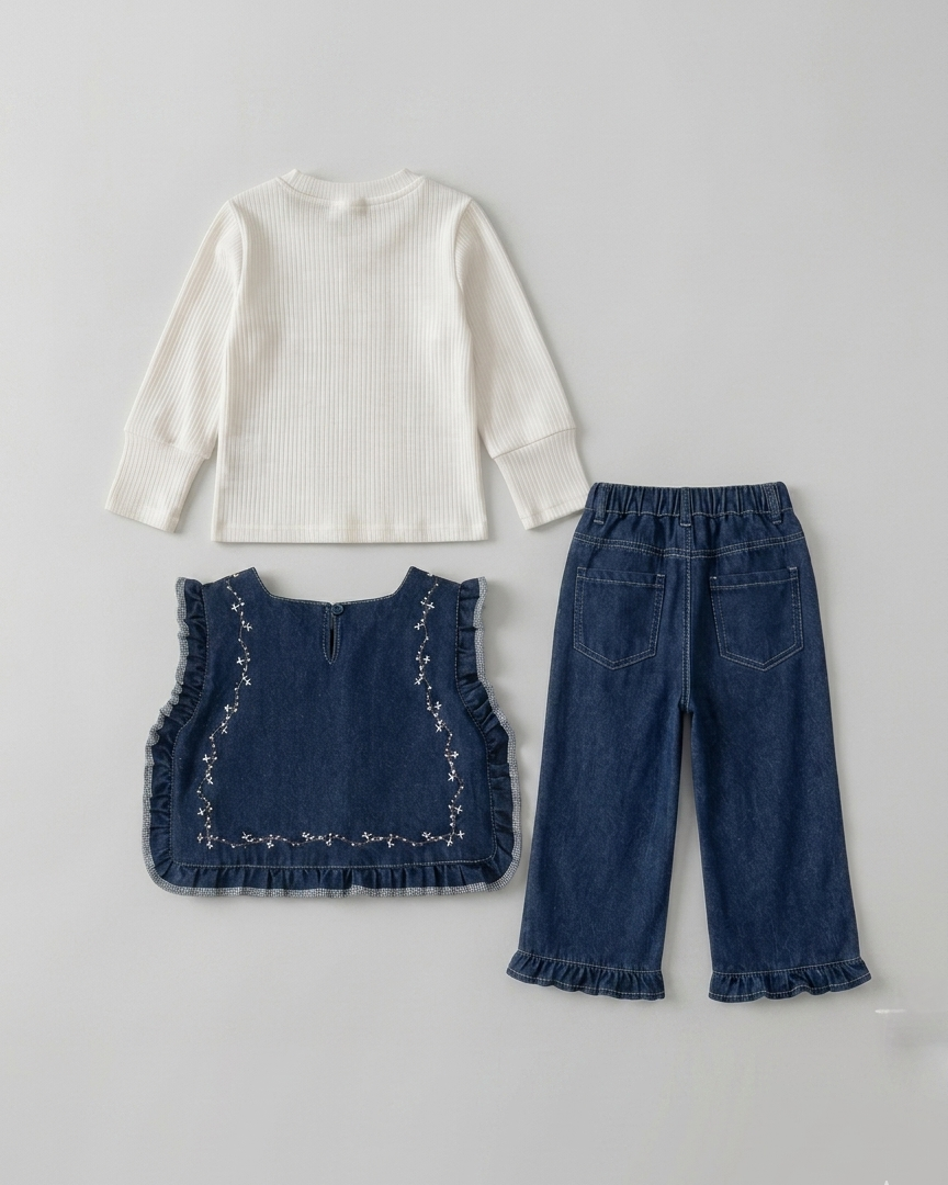 Conjunto niña 3 piezas ropa niña: blusa, chaleco vaquero de mezclilla y pantalón cómodo,Ideal para clima otoñal  en España