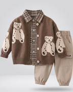 Conjunto bebé 3 piezas ropa bebé niño con cárdigan de oso camisa de cuadros y pantalón beige en España