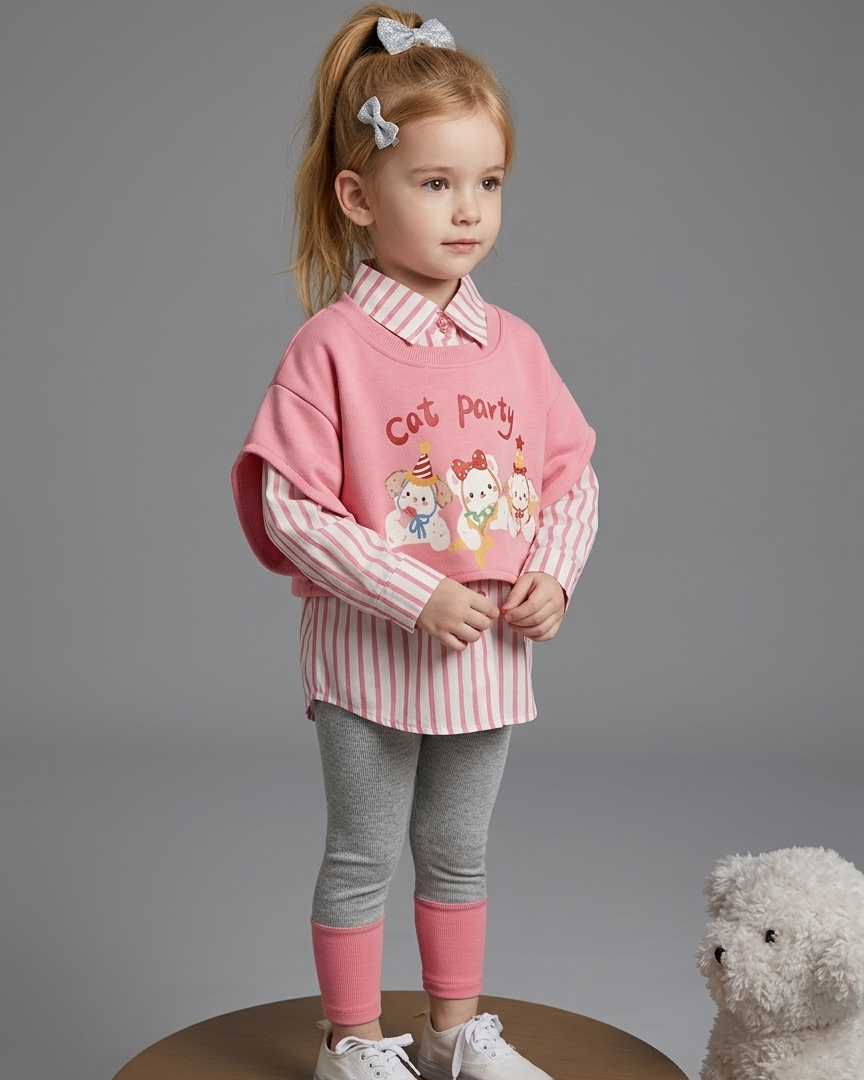 Conjunto niña 3 piezas ropa niña suéter corto, camisa a rayas y chaleco multicolor Ideal para primavera en España