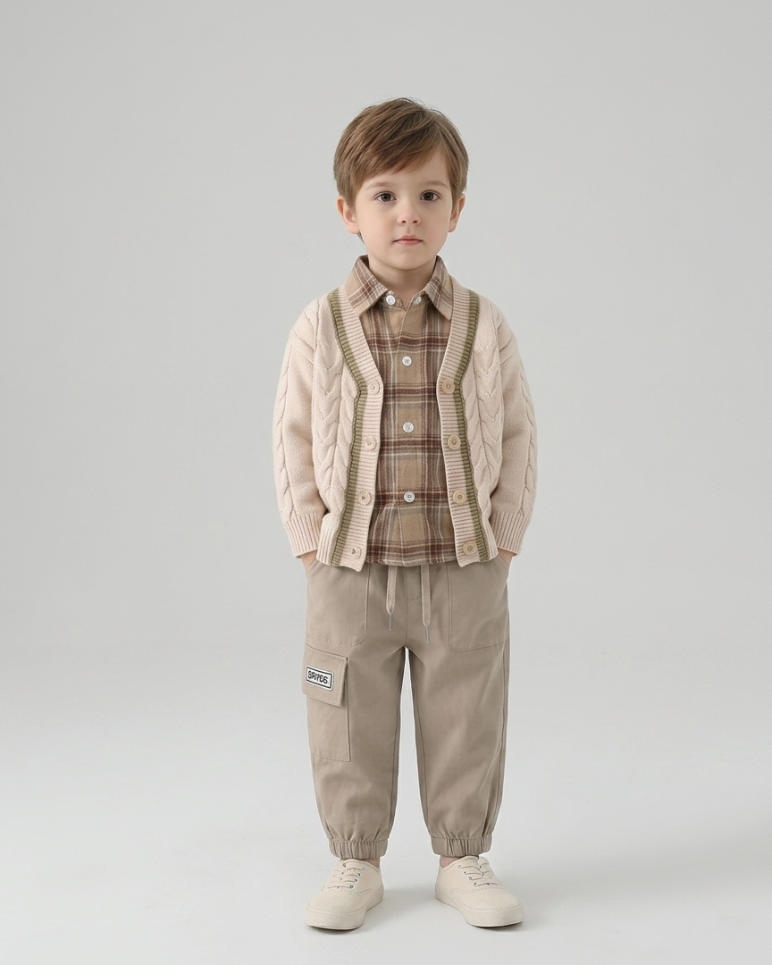Conjunto bebé niño 3 piezas otoño invierno: camisa cuadros, cárdigan tejido y pantalón ,Ideal para clima otoñal en España