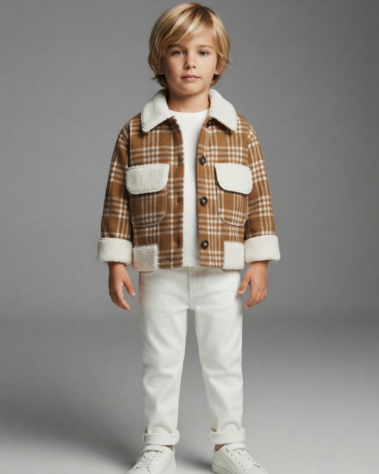 Conjunto Infantil de Cuadros con Chaqueta de Borreguito y Pantalón Blanco