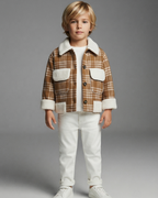 Conjunto Infantil de Cuadros con Chaqueta de Borreguito y Pantalón Blanco