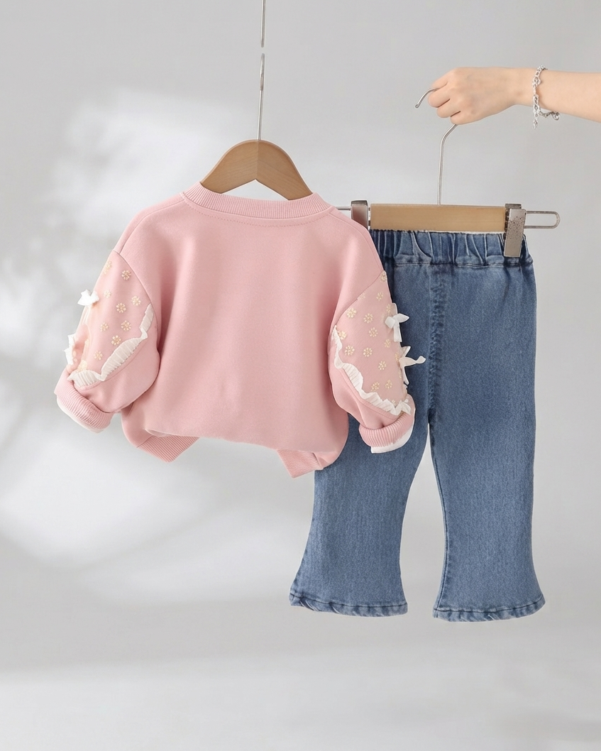 Conjunto Infantil para Niña con Sudadera Bordada y Pantalón Vaquero Moda Cómoda y Elegante