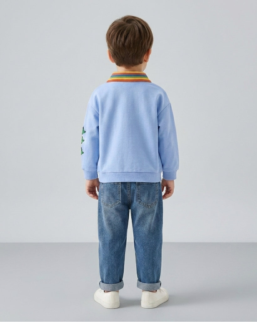 Conjunto niño verano camiseta dinosaurio y jeans con parches ideal para primavera vista trasera