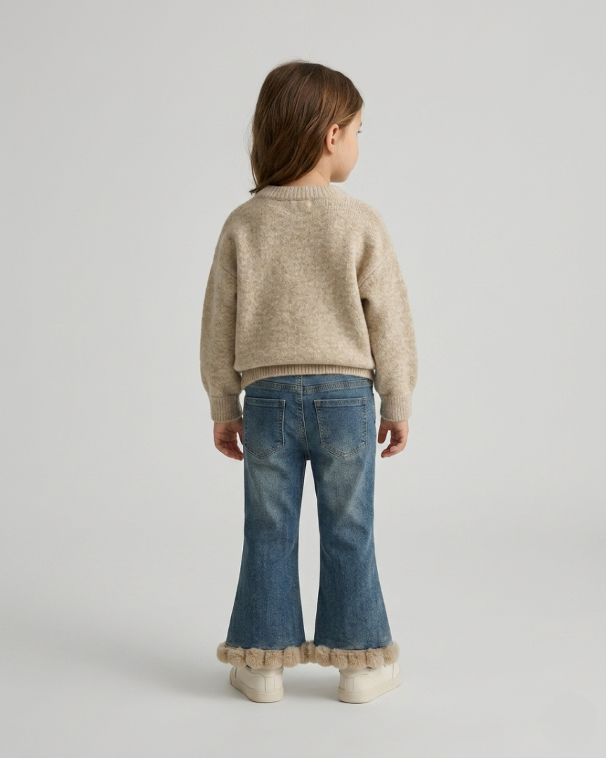 Conjunto niña invierno suéter de lana y jeans con estampado popcorn ,destacada para looks elegantes y sencillos  en España