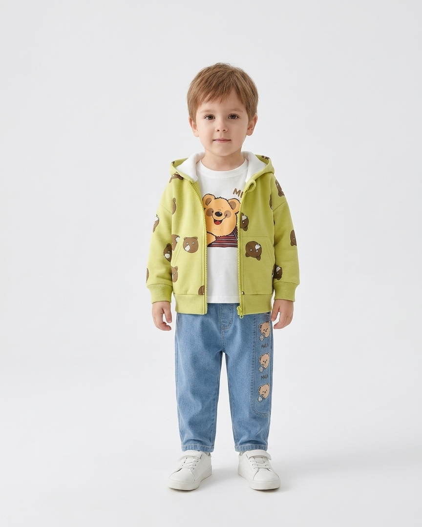 Conjunto bebé niño y niña 3 piezas: chaqueta con capucha, camiseta y pantalón vaquero con ositos en España