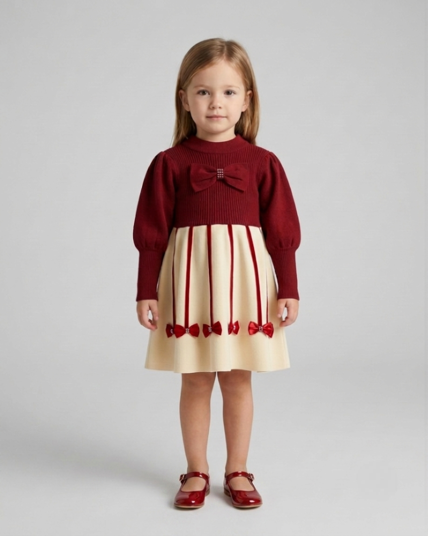 Vestido niña invierno cálido con lazos de satén y cuello altol as tallas disponibles.Ideal para primavera  en España