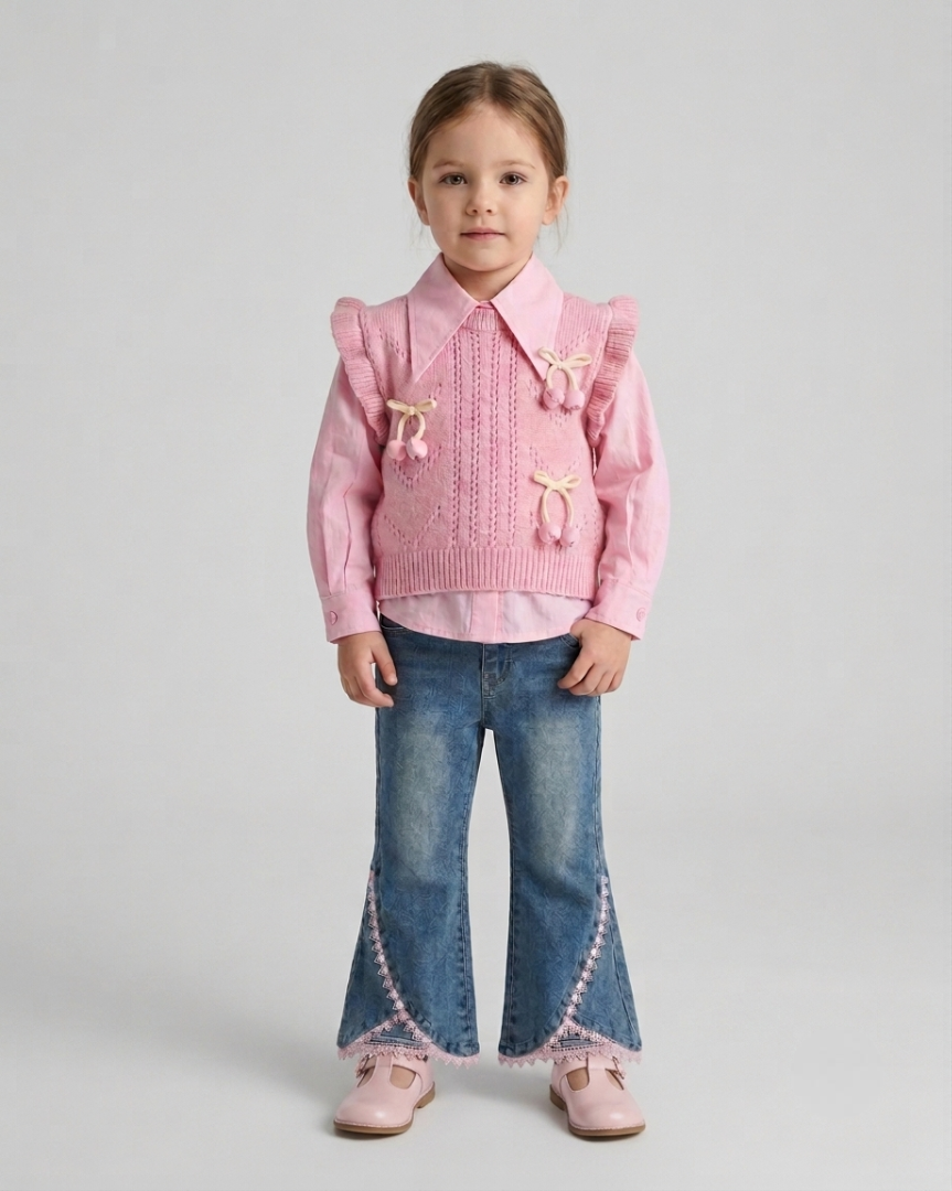 Conjunto niña 3 piezas elegante con blusa, suéter de punto y pantalón vaquero acampanado con encaje,en España