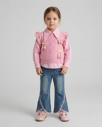 Conjunto niña 3 piezas elegante con blusa, suéter de punto y pantalón vaquero acampanado con encaje,en España