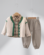 Conjunto bebé niño 3 piezas camisa de cuadros, cárdigan y pantalón