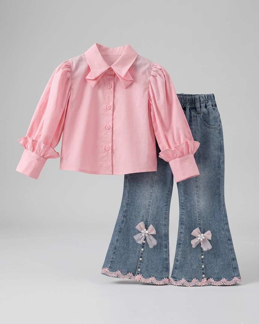 Conjunto niña 2 piezas camisa rosa y pantalón vaquero ancho con lazos y bordados | ropa niña en España