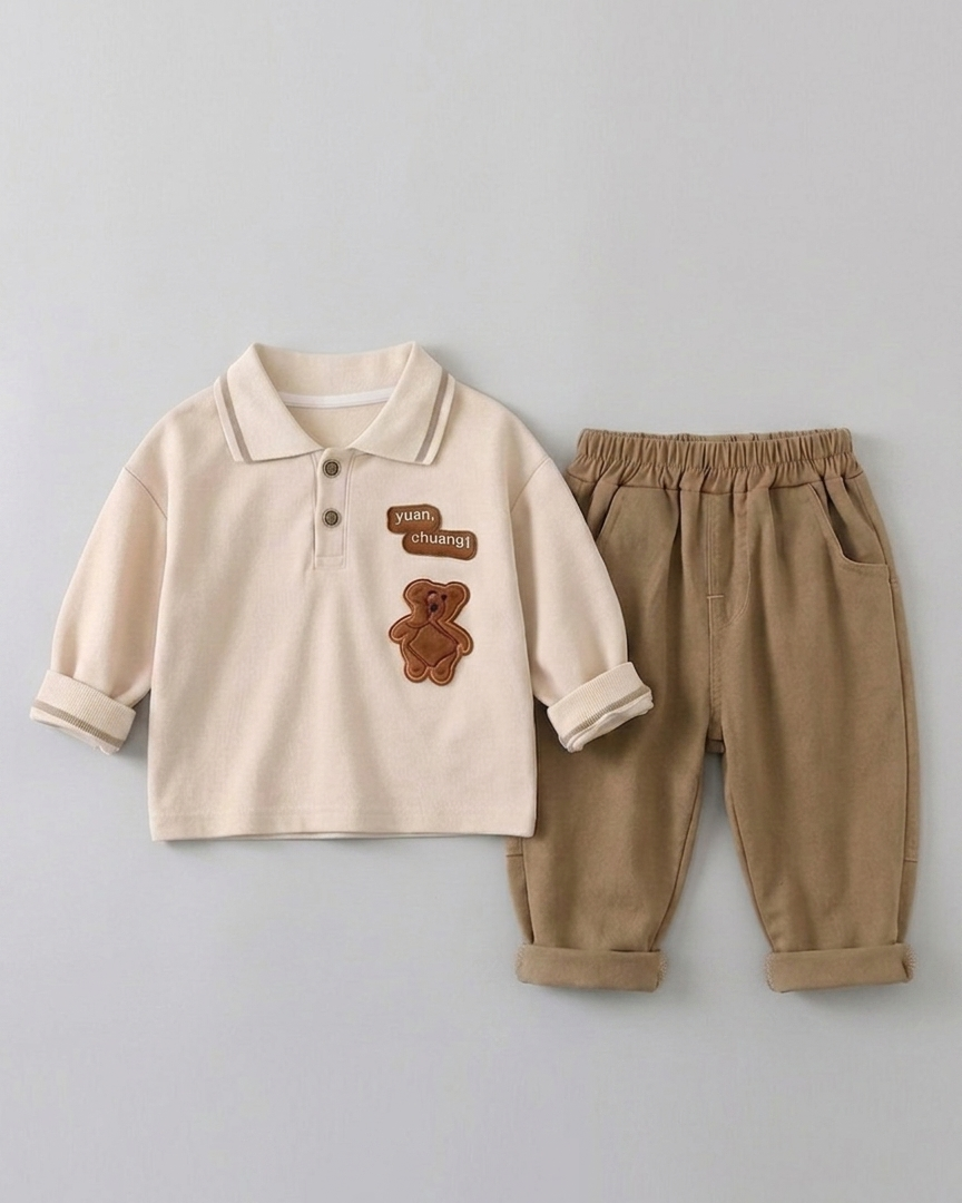 Conjunto niño otoño polo con pantalón y estampado de oso,Ideal para primavera  en España