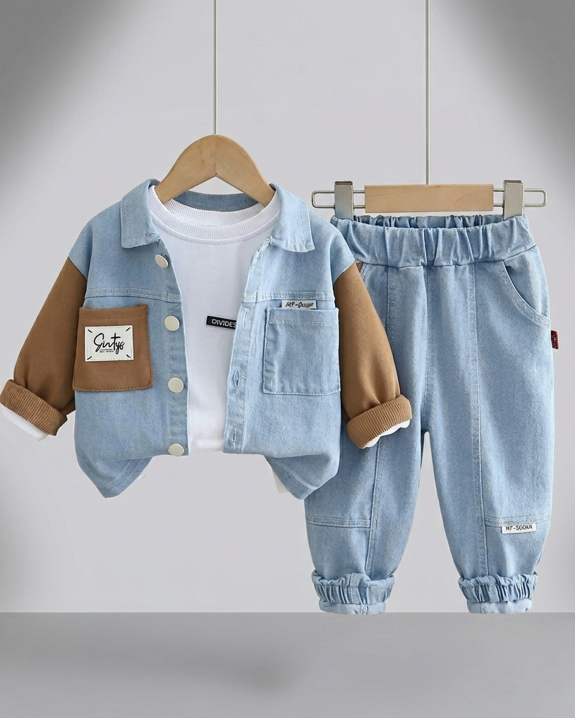 Conjunto niño ropa infantil 3 piezas vaquero moderno con camisa y pantalón , Ideal para primavera en España