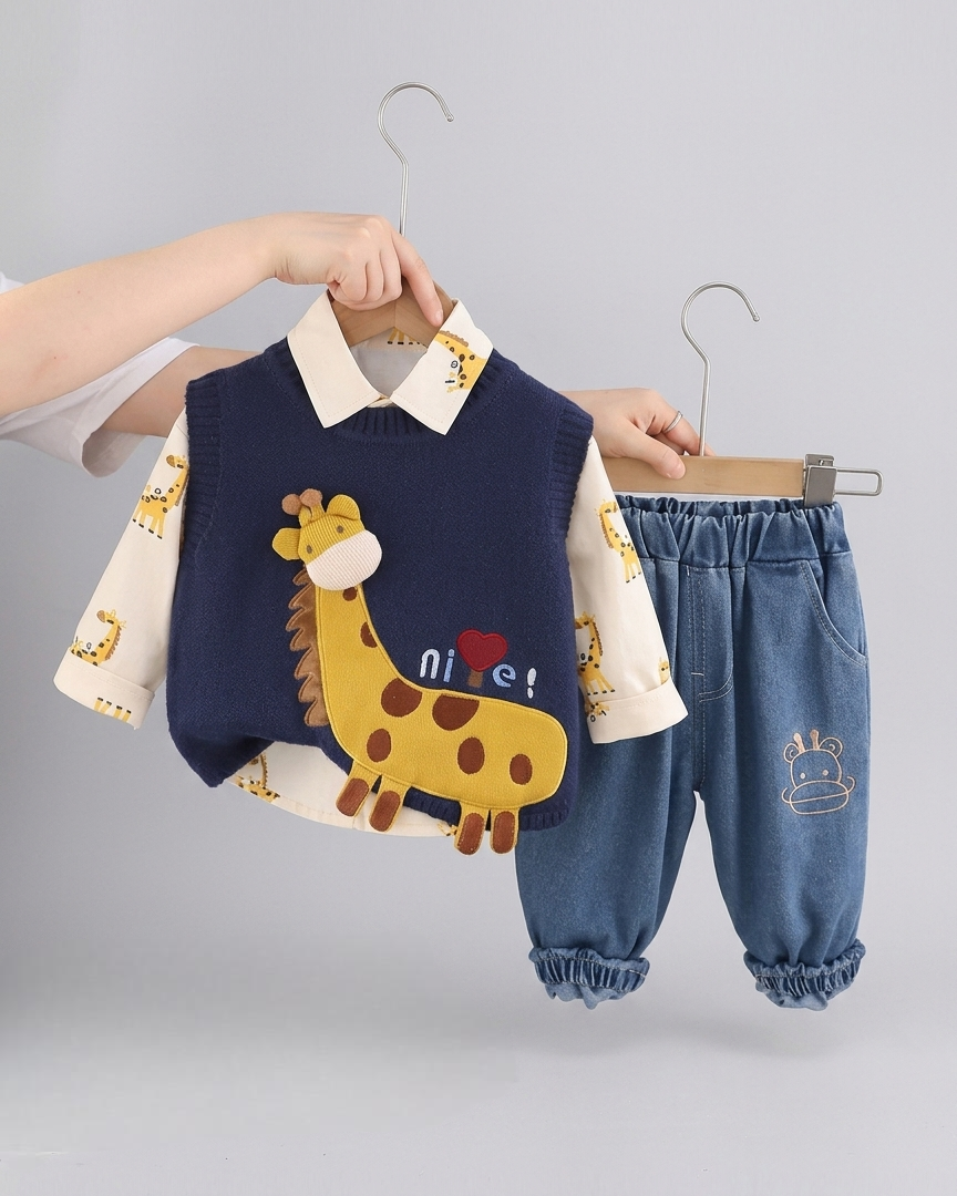 Conjunto bebé 3 piezas ropa bebé algodón con chaqueta de punto y pantalón vaquero con jirafa 3D en España