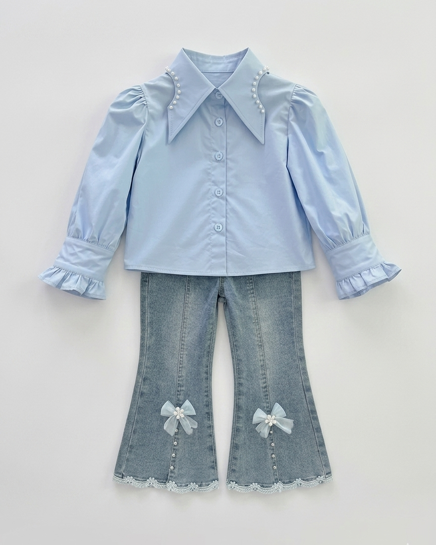 Conjunto niña 3 piezas ropa bebé niña elegante: blusa con mangas abullonadas, chaleco de punto con perlas y pantalón vaquero  en España