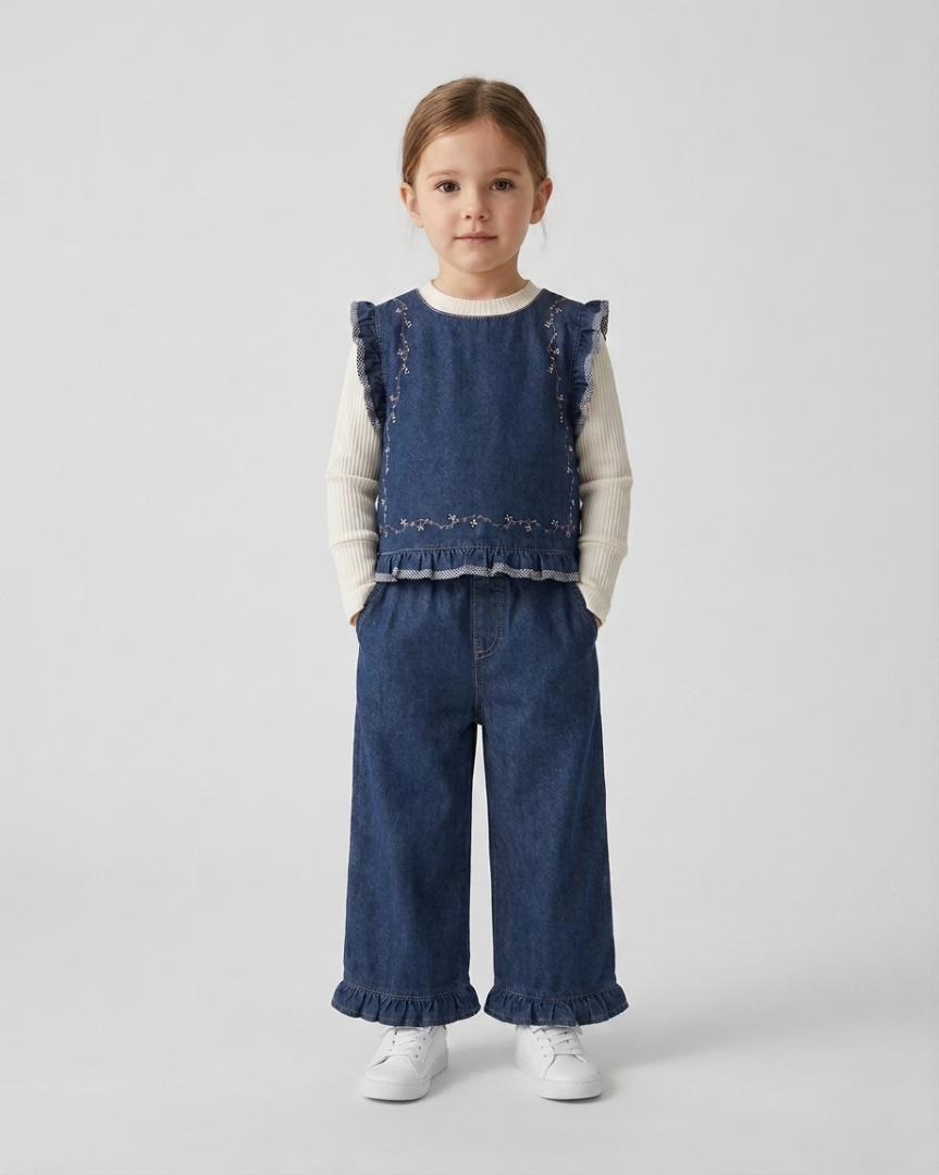 Conjunto niña 3 piezas ropa niña: blusa, chaleco vaquero de mezclilla y pantalón cómodo,Ideal para clima otoñal  en España